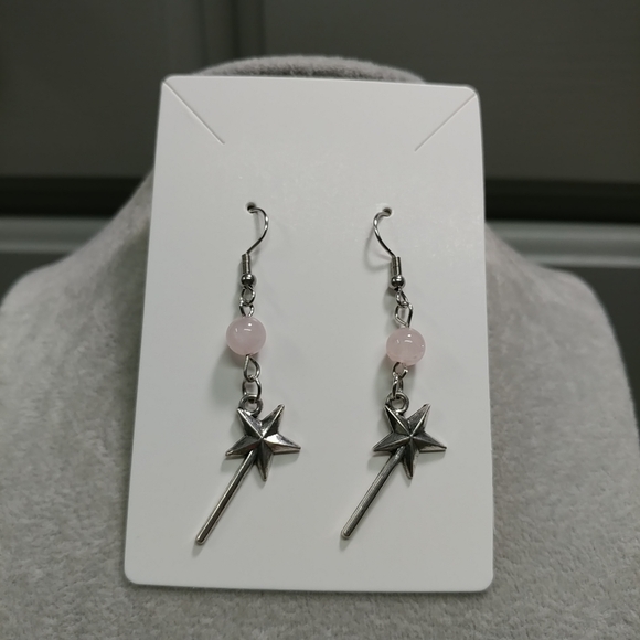 Magic Wand Earrings Natural Rose Quartz Gemstone Crystal Bead Stainless-Steel - Picture 4 of 12